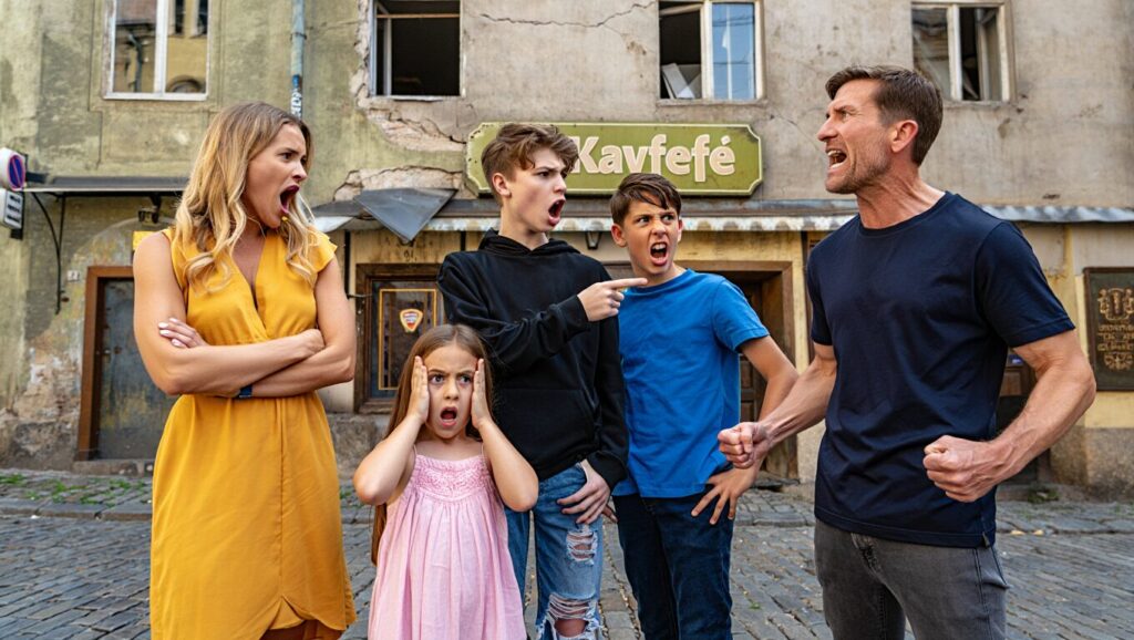 Kavfefe Poster 1 - family fighting outside a prague cafe