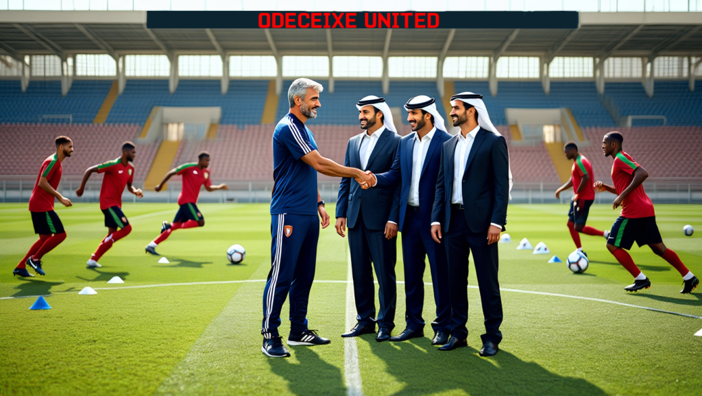 Odeceixe United Poster Arabic businessmen shaking hands with Serbian Coach with Porgtuguese footballers playing on a soccer field